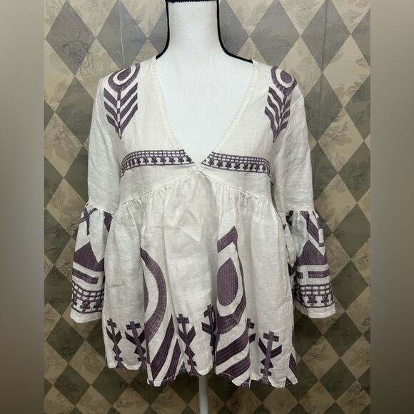 Greek Archaic Kori White Linen Blouse with Purple Embroidery - Picture 2 of 7